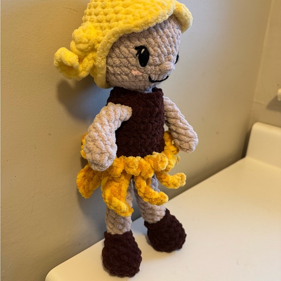 Crocheted Handmade Crochet Doll with Sunflower Yellow and Brown Outfit - Picture 5 of 6